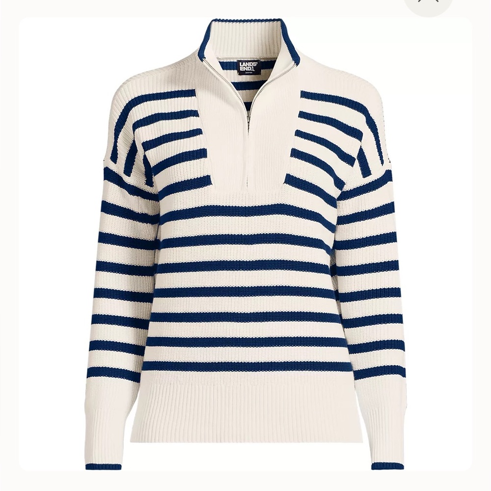 Lands’ End Drifter Cotton Quarter Zip Sweater Ivory Navy Stripe M Coastal Preppy